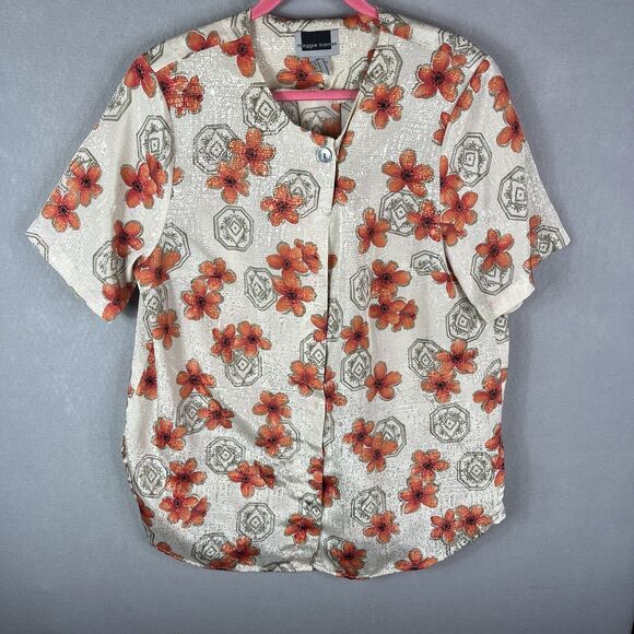 Maggie Barnes Tops - Maggie Barnes Blouse Womens 18W Floral Button Orange Beige Short Sleeve Asian